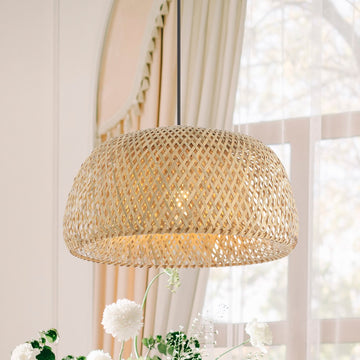 Mateo 18" Farmhouse Coastal Bamboo 180" Cord Plug-In or Hardwired LED Pendant - JONATHAN Y